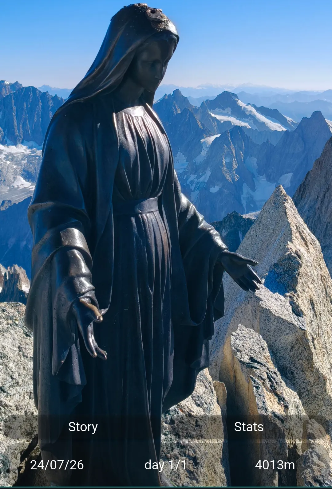 MyPeaks story view of the Dent du Géant climb: the summit Madonna with the peaks behind, dated 24 July 2026, day 1 of 1, 4,013 m.