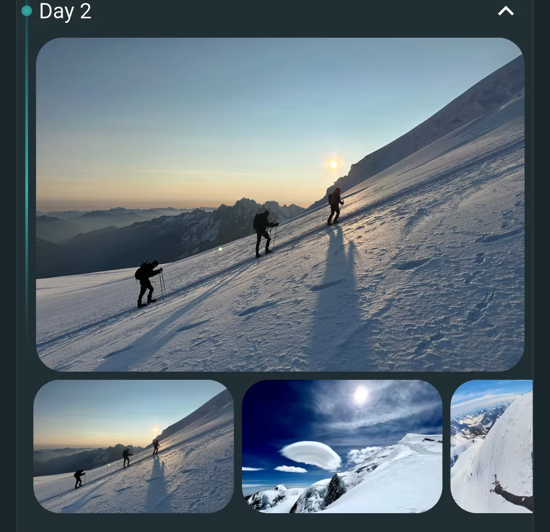 MyPeaks daily itinerary, day 2 expanded: a photo of the roped party at dawn on the snow slope, with three more photos from that day.