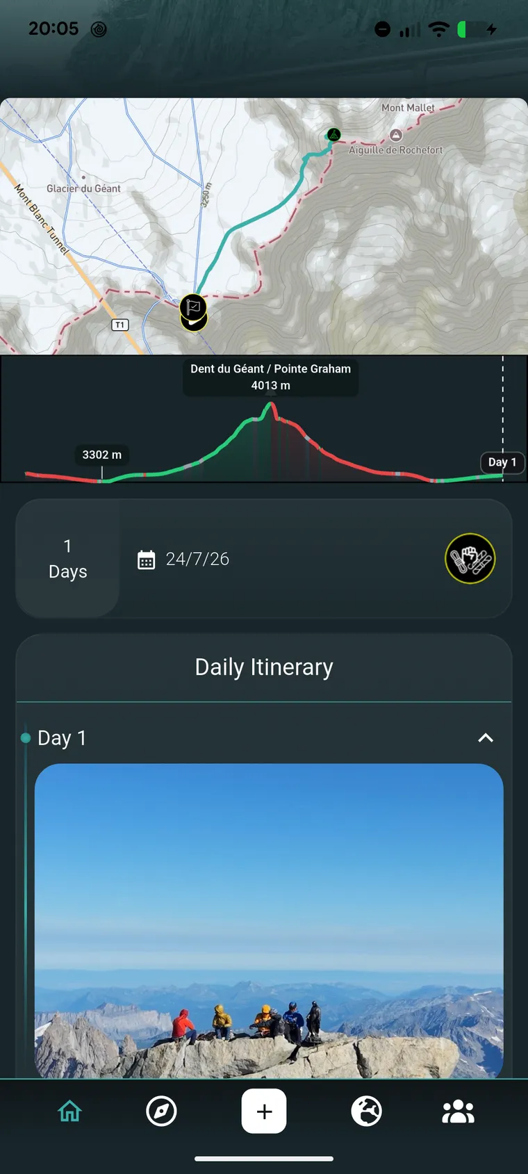 MyPeaks trip page for Dent du Géant: the route on the map, the elevation profile to Dent du Géant / Pointe Graham at 4,013 m, the date 24 July 2026, and day 1 of the itinerary with the summit photo.